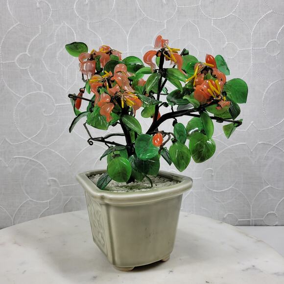 VTG Glass Faux Jade Bonsai Tree 9" Green Coral Handcrafted Art Ceramic Pot - Picture 15 of 16